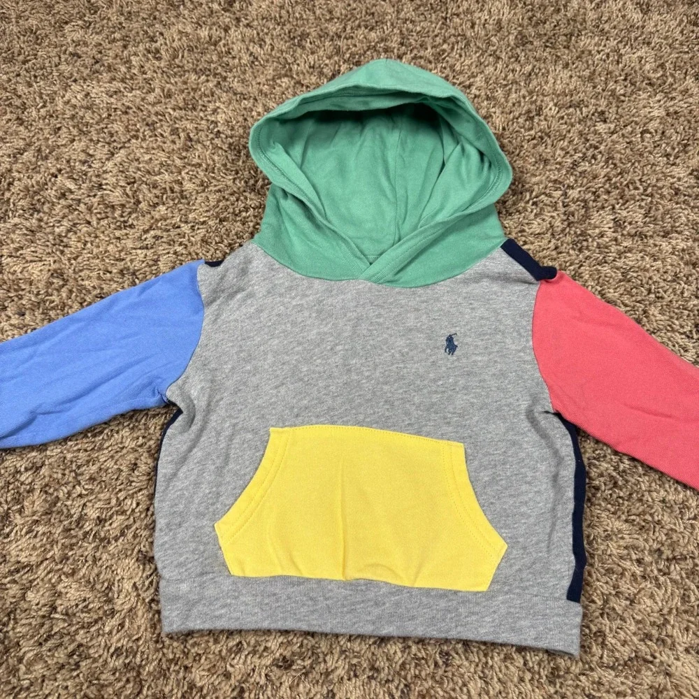Ralph Lauren Toddler Colorblock‎ Hoodie Grey Navy Blue Red Yellow 18M Cotton